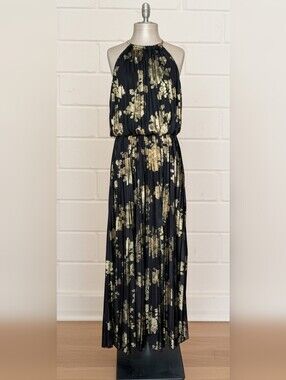 msk black and gold dress Msk Metallic-Print Pleated Blouson Gown - Black/Gold